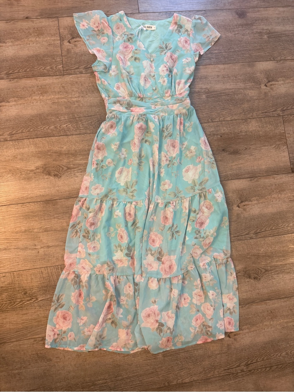 Grace Karin Mint Floral Maxi Dress with Pink Roses